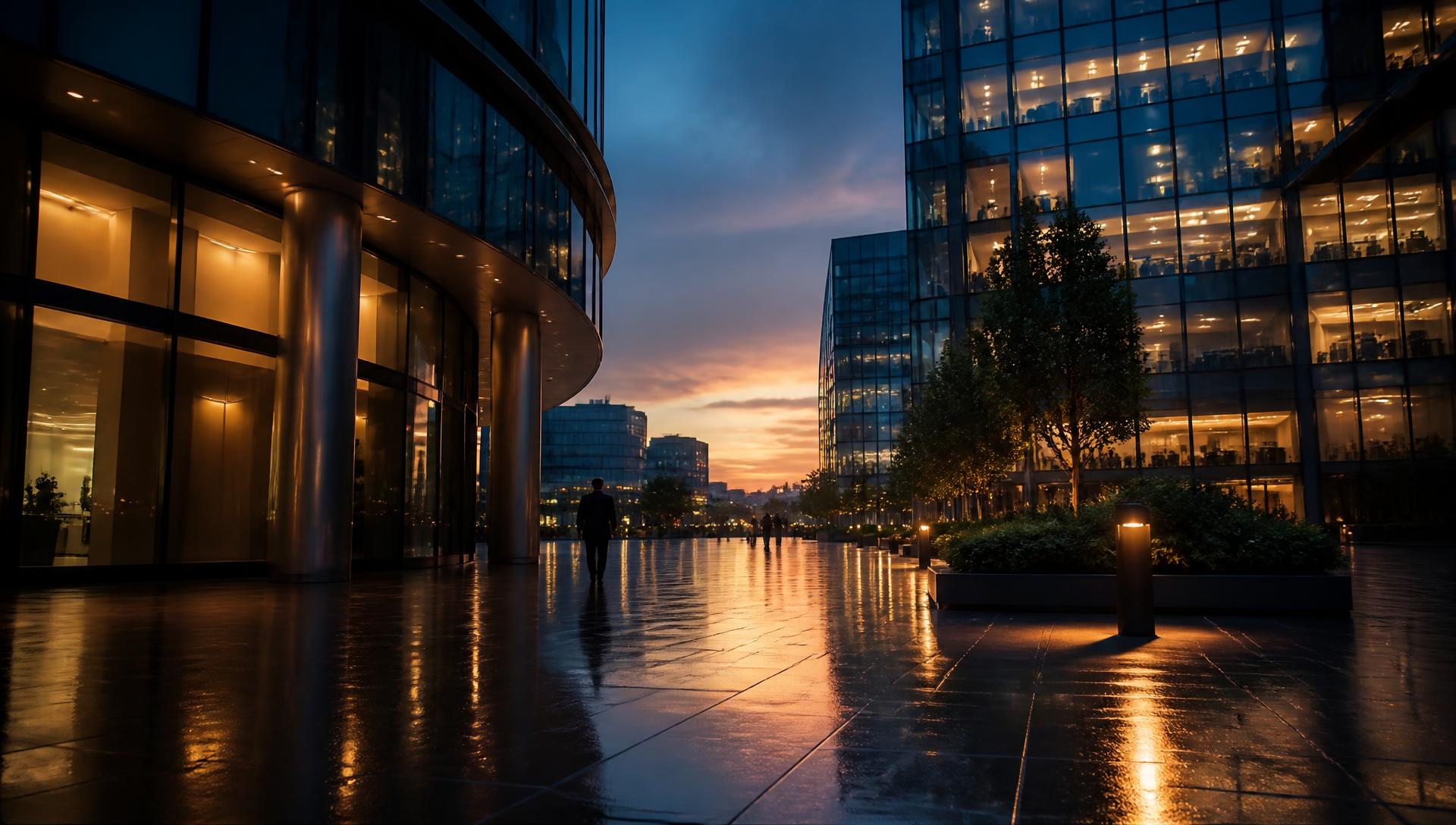 Modern business district glowing at dusk