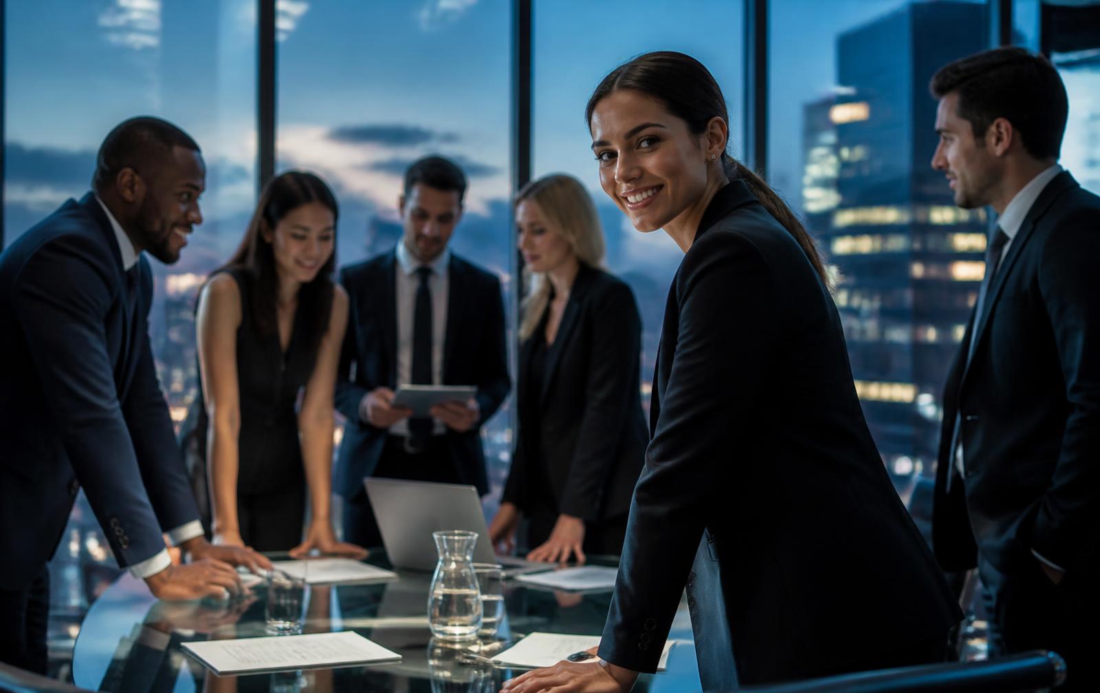 Consulting team working together in a modern boardroom