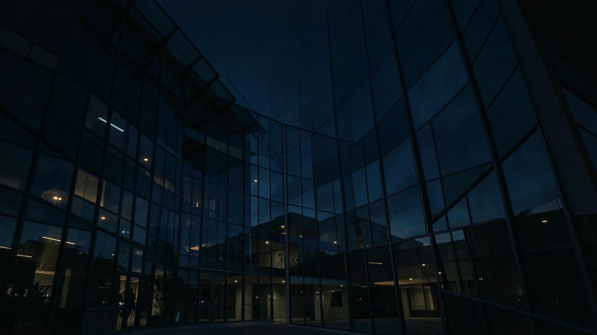 Modern glass building facade at night