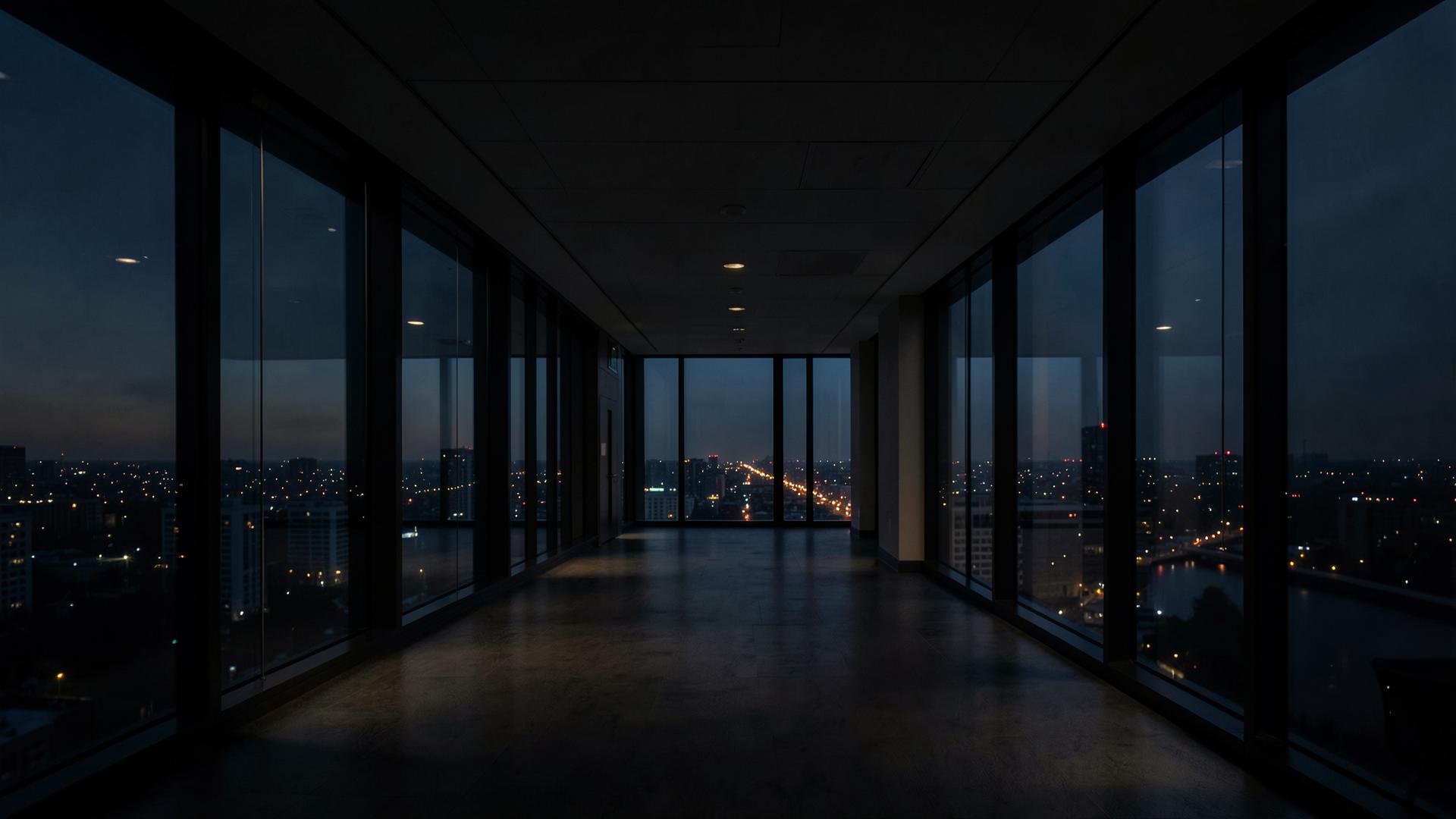 Executive office corridor at dusk overlooking city lights
