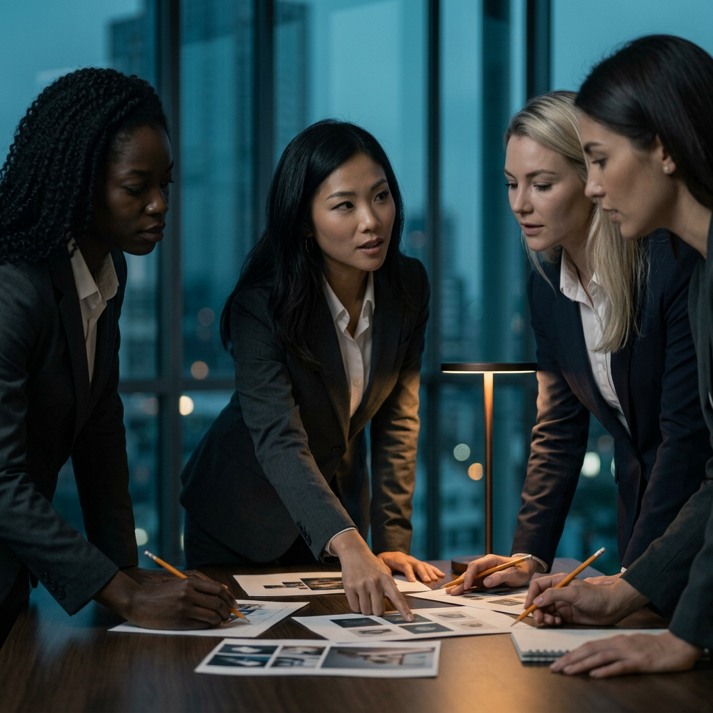 Four professional women collaborating around a table in a glass office at dusk